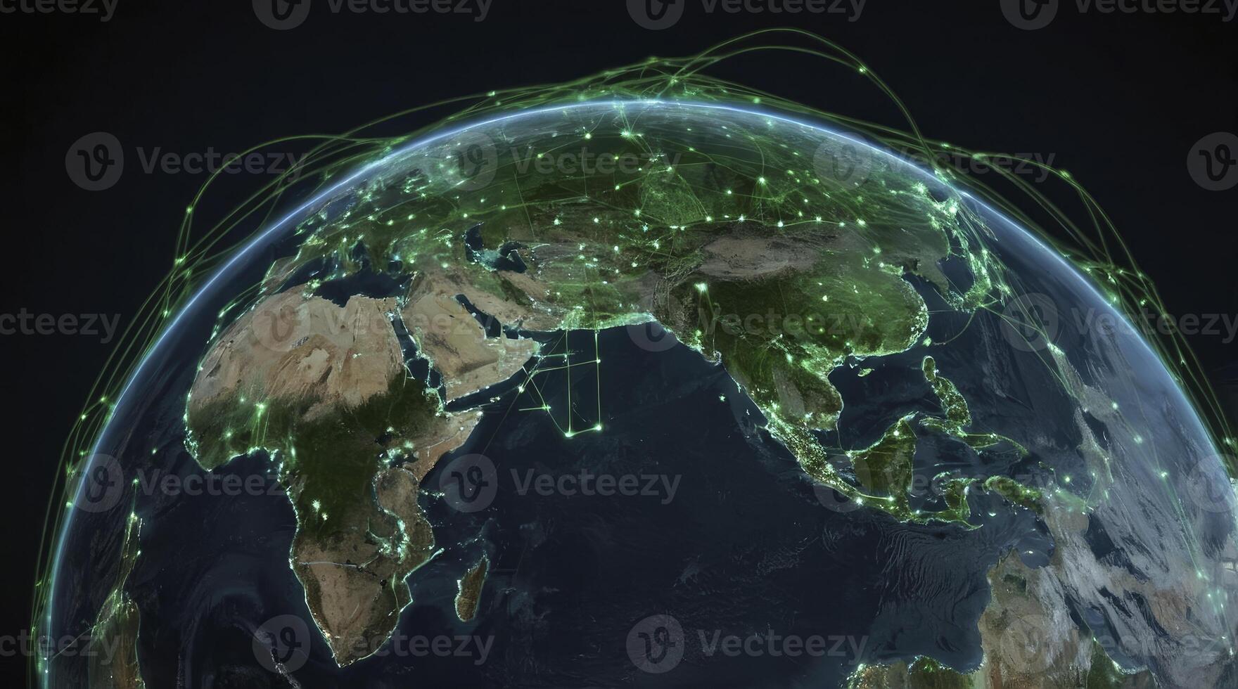 Earth Globe with Global Network Connection and Green City Lights at Night photo