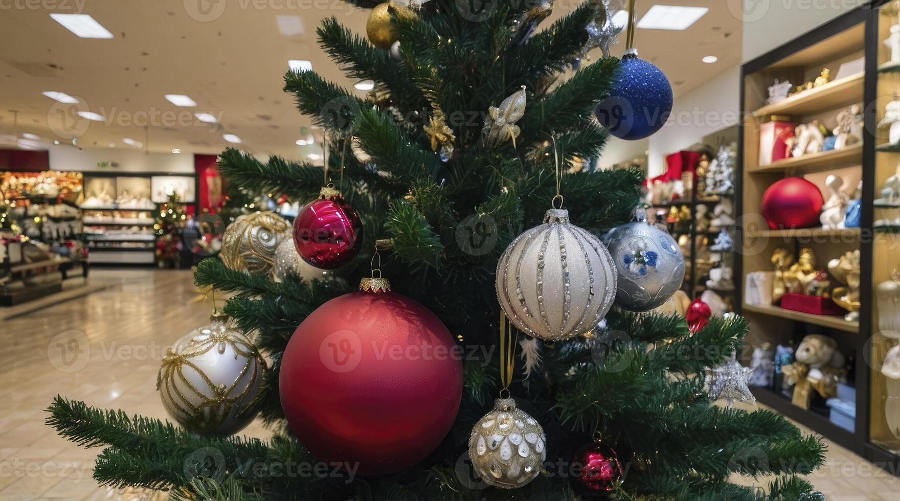 Decorated Christmas Tree with Ornaments in a Retail Store Setting photo