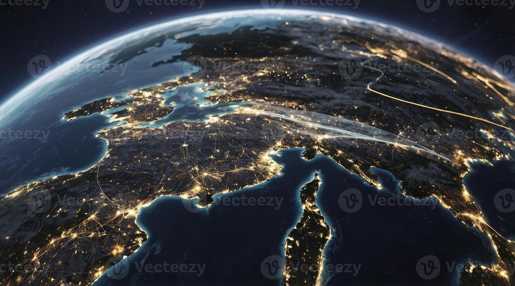 Earth at Night From Space Showing Europe and Asia Network photo