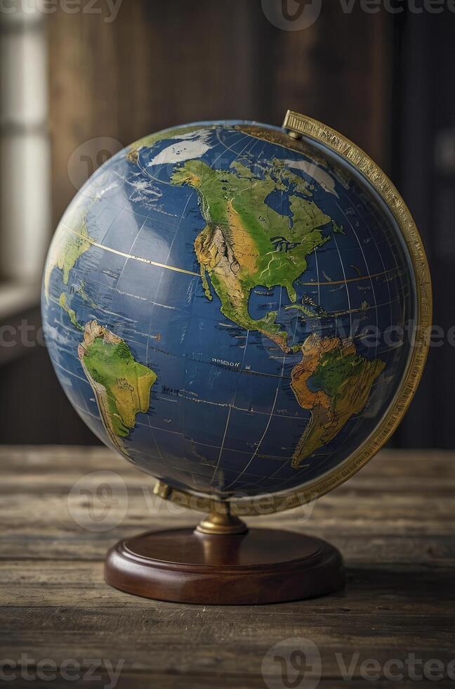 Globe Showing the Americas on Rustic Wooden Tabletop for Exploration photo