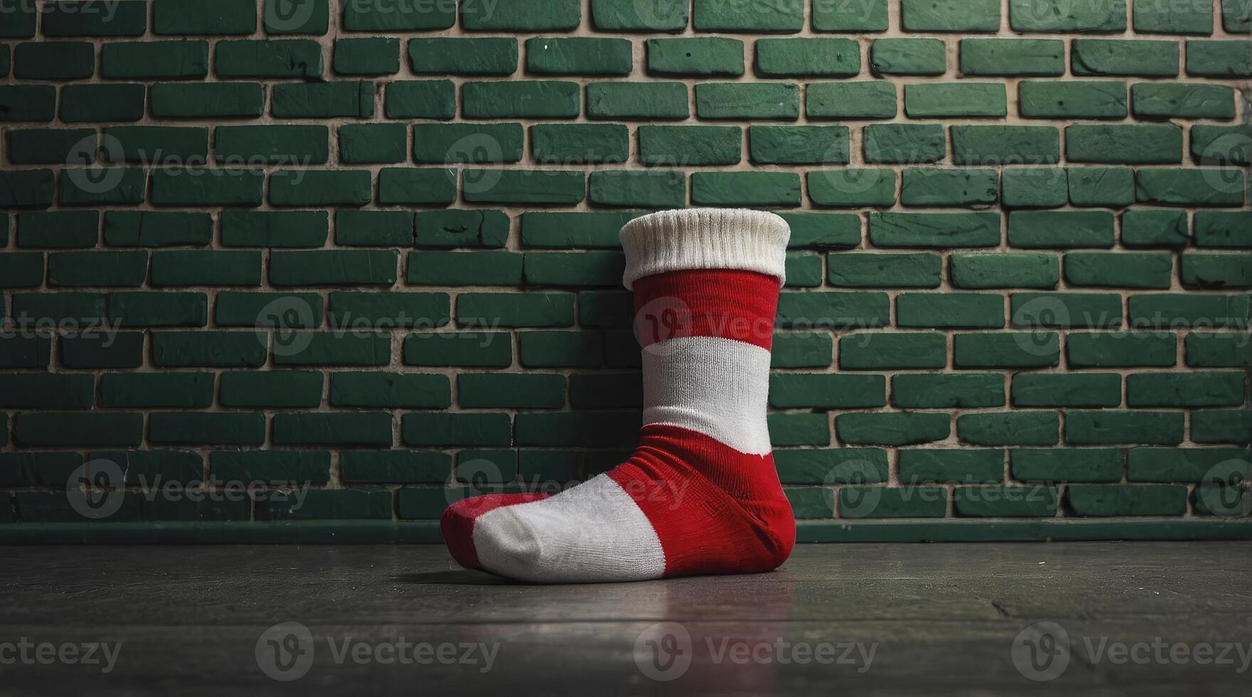 Isolated Single Sock with Red and White Stripes Against Green Wall photo