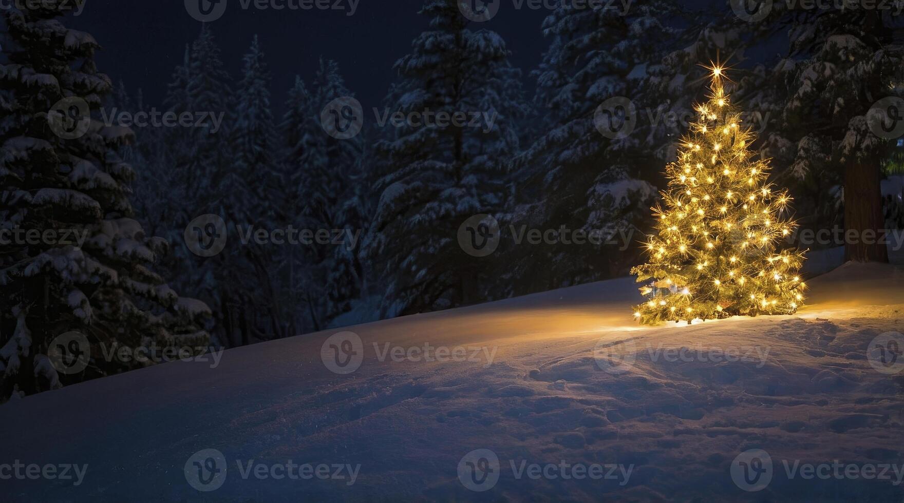 Illuminated Christmas Tree in Snow Landscape at Night with Star photo