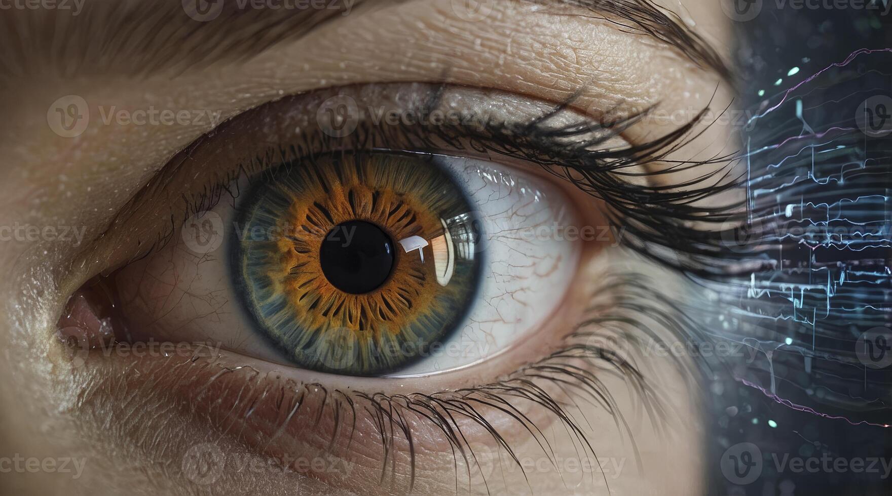 Eye Close-up with Data Visualization Overlay for Futuristic Technology Concepts photo