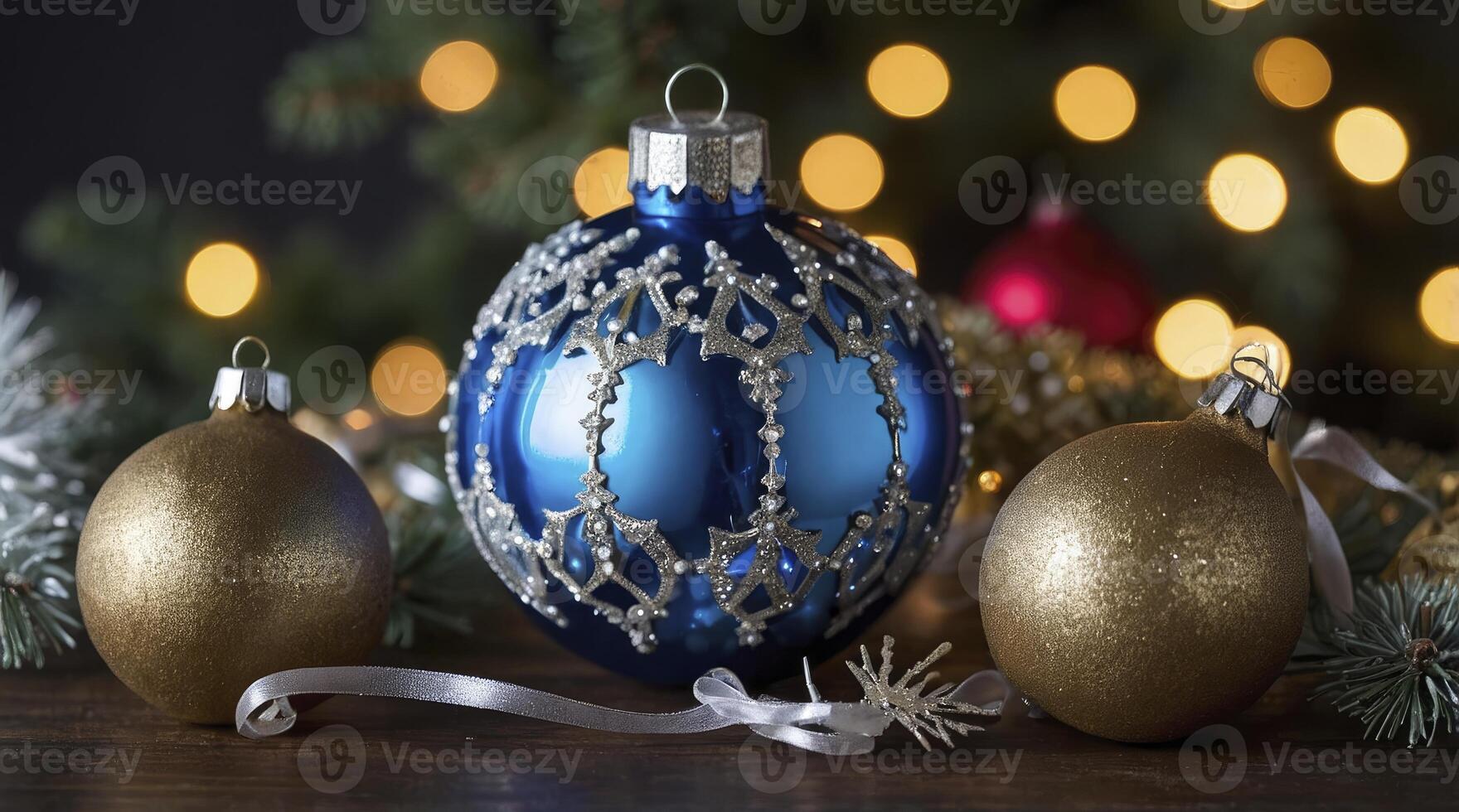 Arrangement of Blue and Gold Christmas Ornaments with Decorative Lights photo