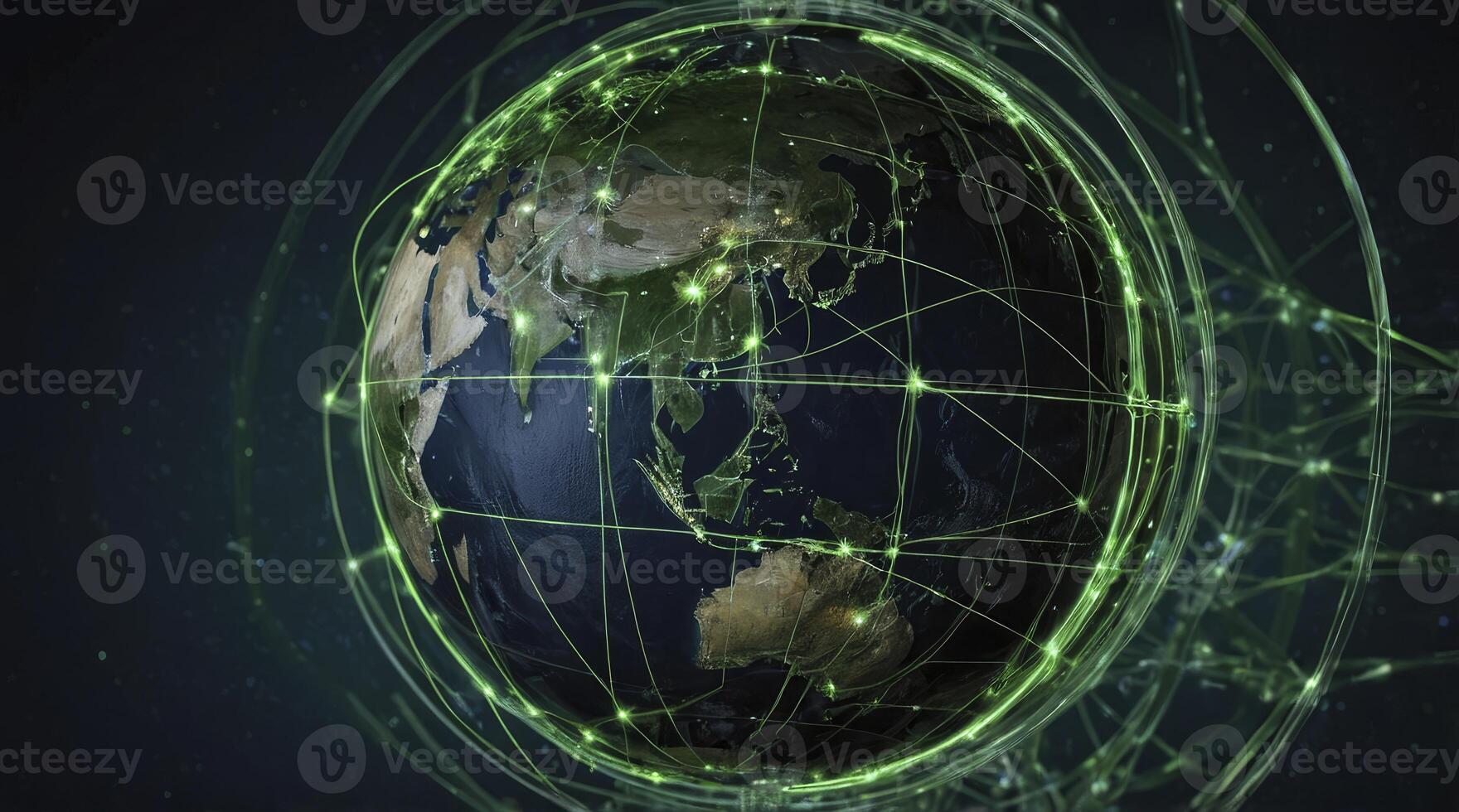 Globe with Green Network Lines Showing Connection Across Continents photo