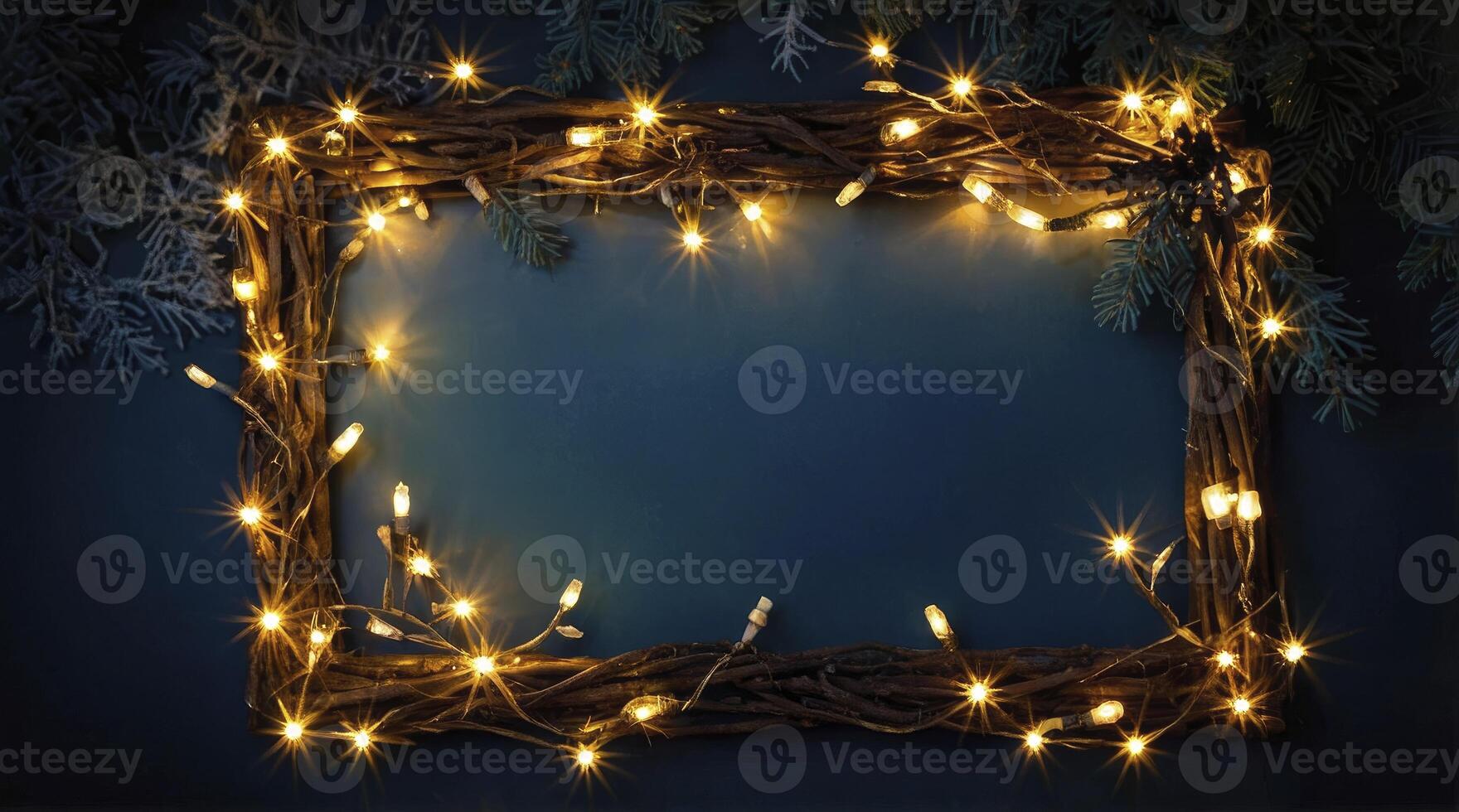 Twigs and Lights Frame with Pine Sprigs Holiday Background Texture photo