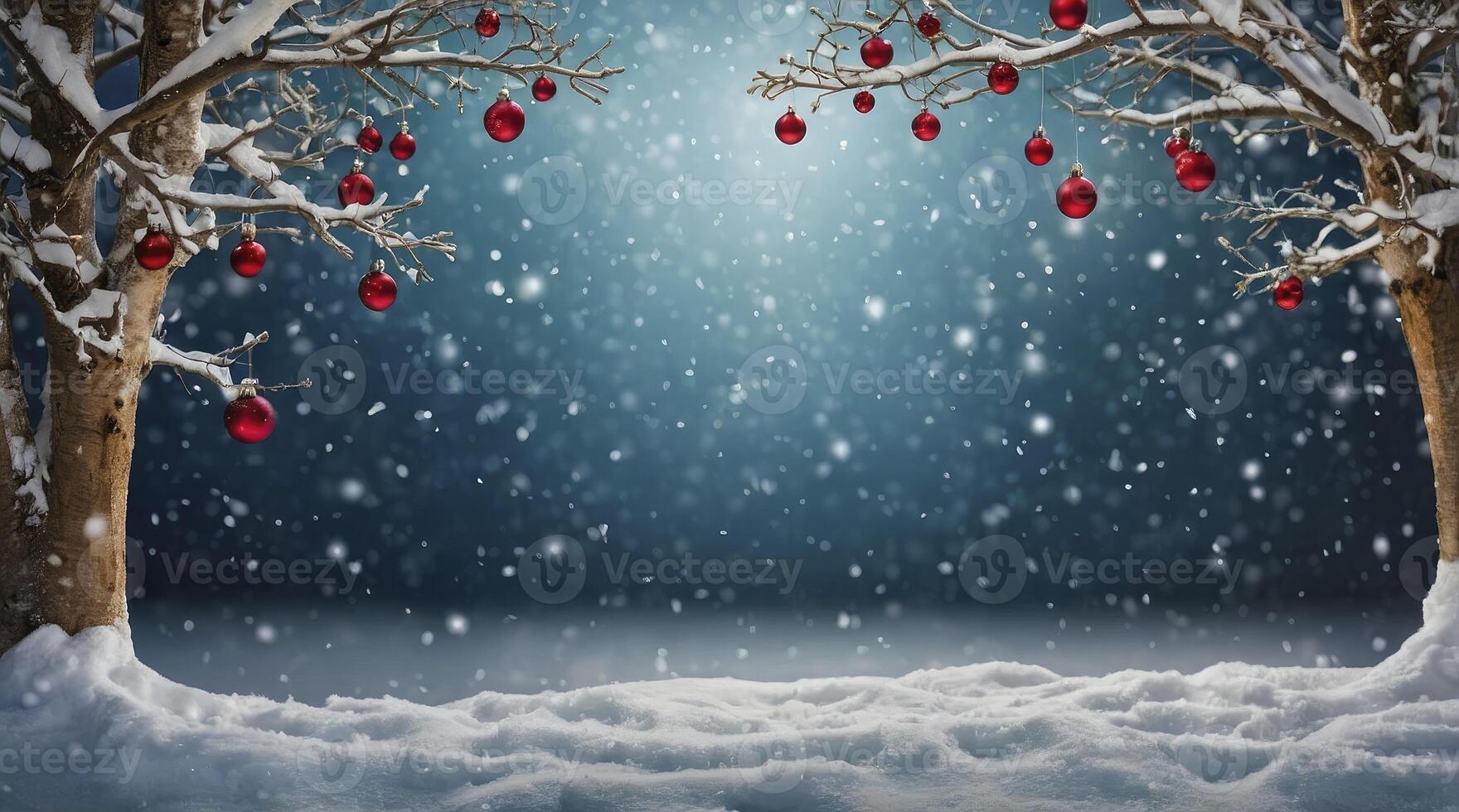 Snowy Winter Scene with Trees Decorated with Red Christmas Ornaments photo