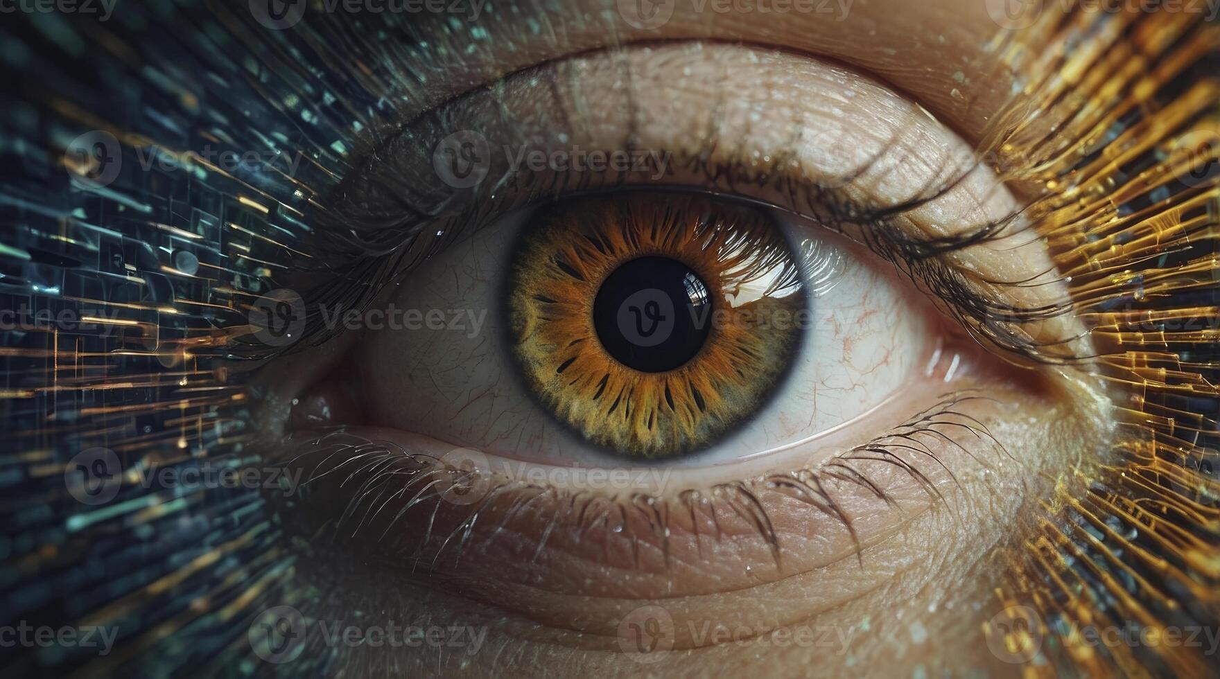 Human Eye Close-up with Digital Futuristic Data Stream Technology Concept photo