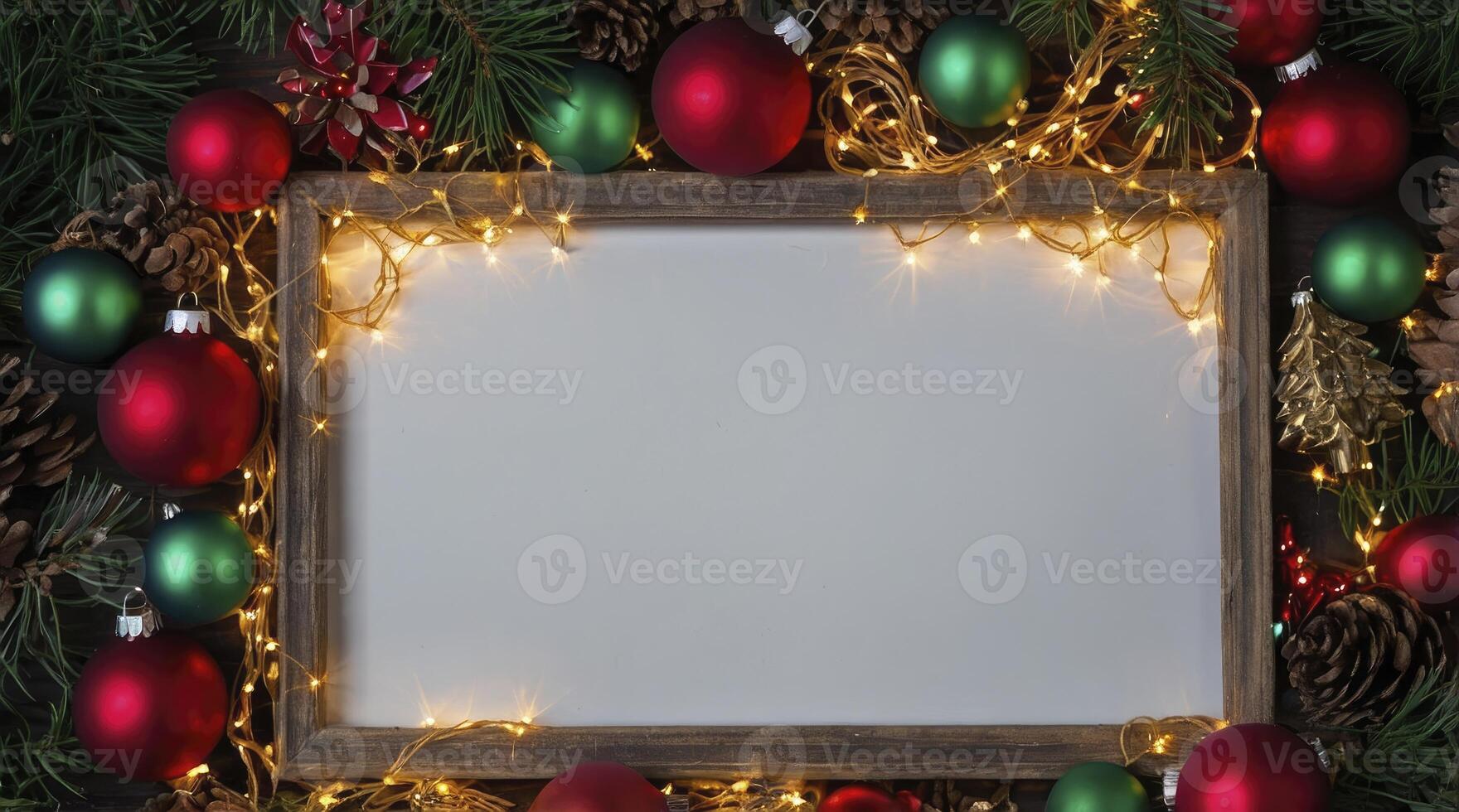 Christmas Holiday Frame with Ornaments and Lights for Festive Greetings photo