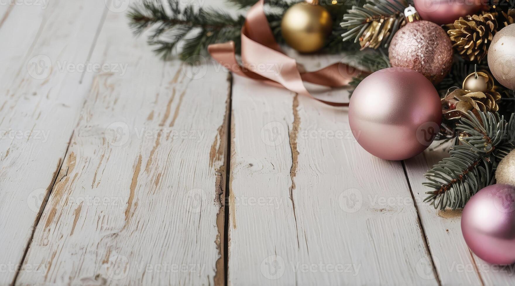 Christmas Balls and Fir Tree Branches on a Rustic Wooden Background photo