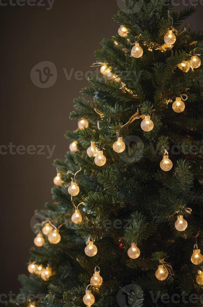 Decorating Christmas Tree with String Lights with Round Bulbs photo