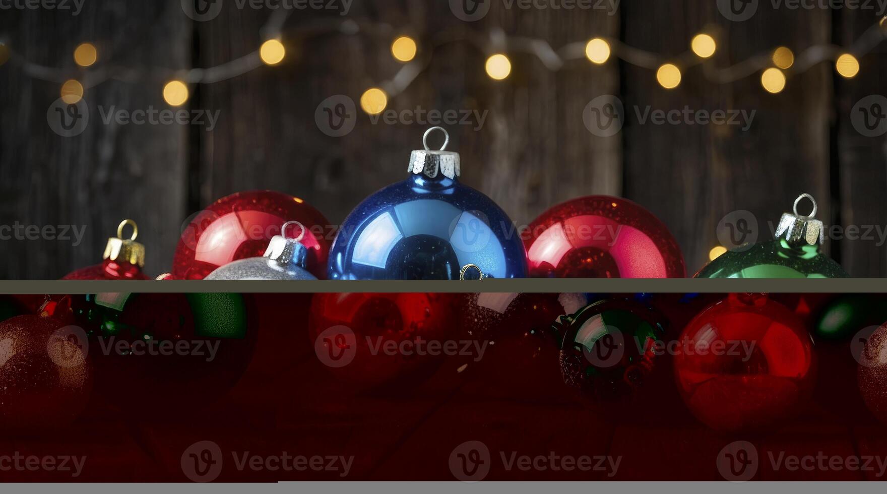 Colorful Christmas Ornaments on Rustic Wood with Warm Bokeh Lights photo