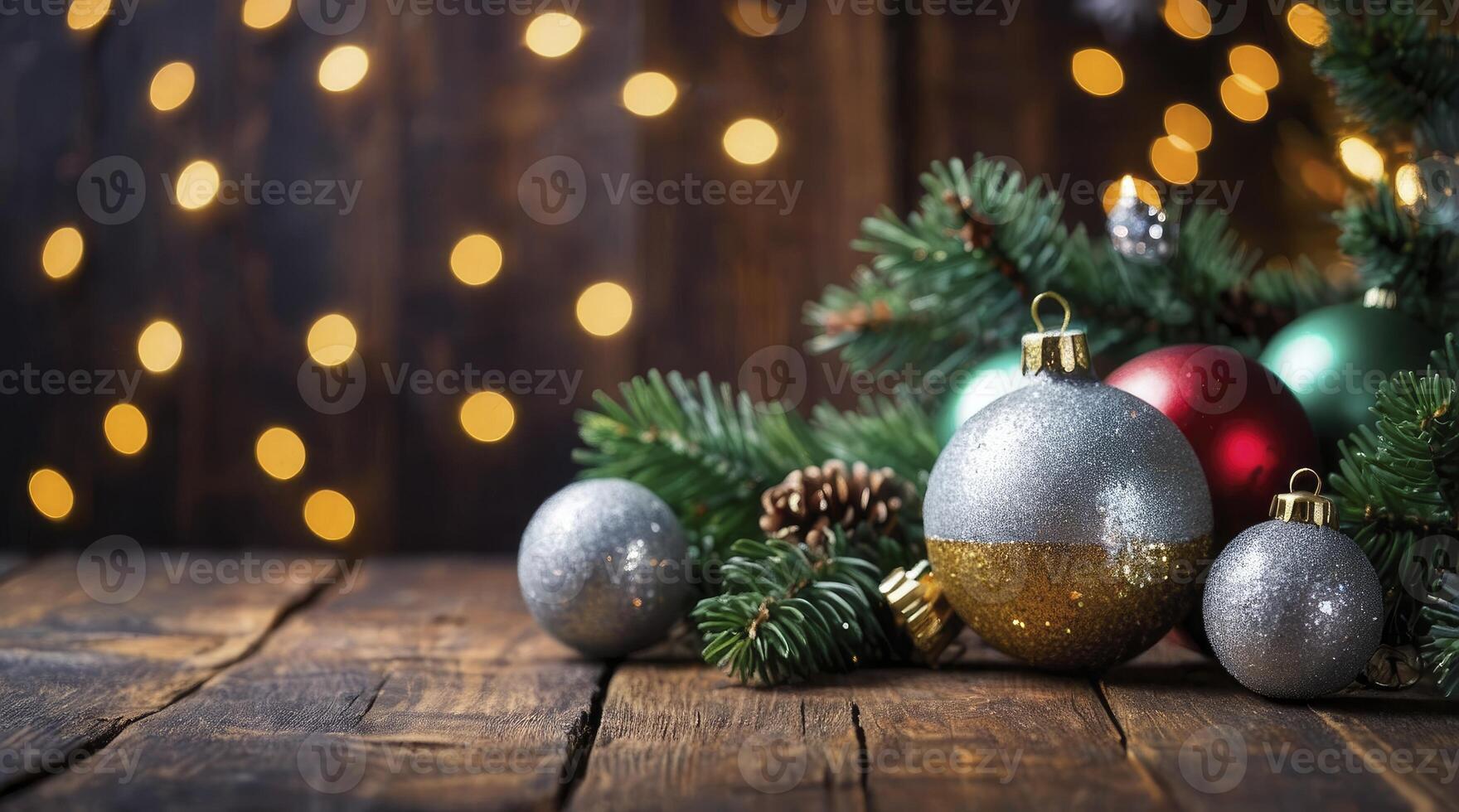 Decorating Christmas Tree with Ornaments and Lights on Wooden Table photo