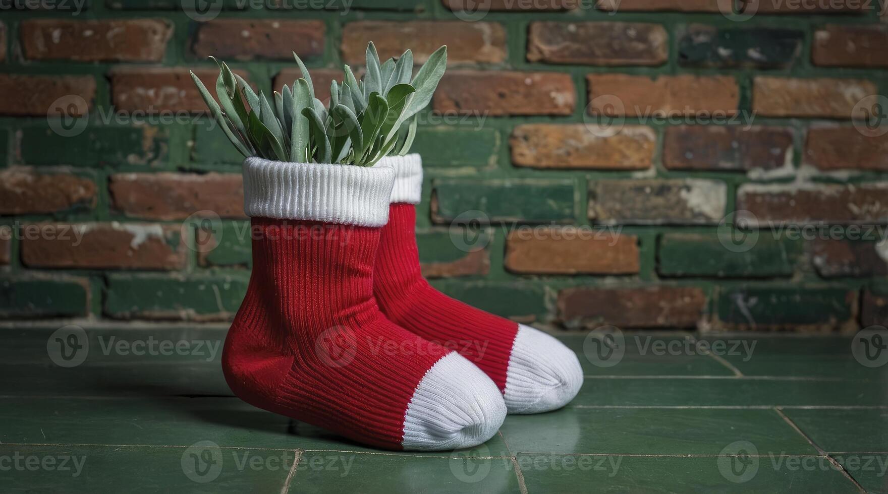 Unique Plant Display Red Socks As Planter Against Brick Wall Backdrop photo