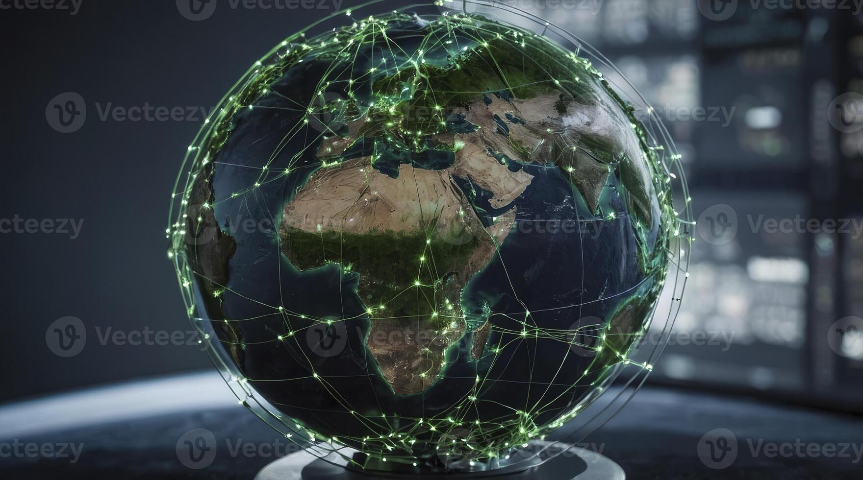 Global Network Connection Earth Globe with Green Lines and Cityscape Background photo