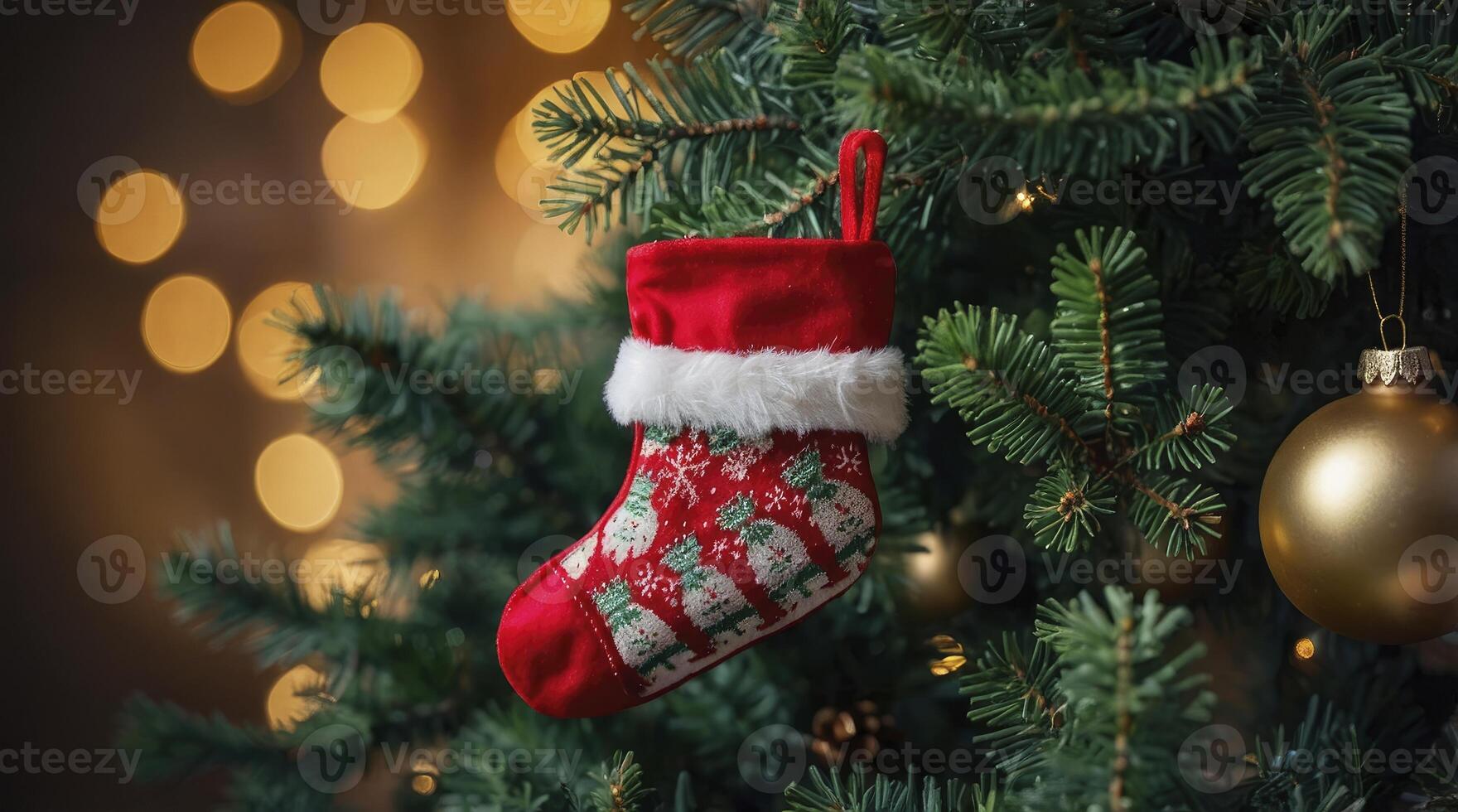 Hanging Red Christmas Stocking on Tree with Gold Ornaments and Lights photo