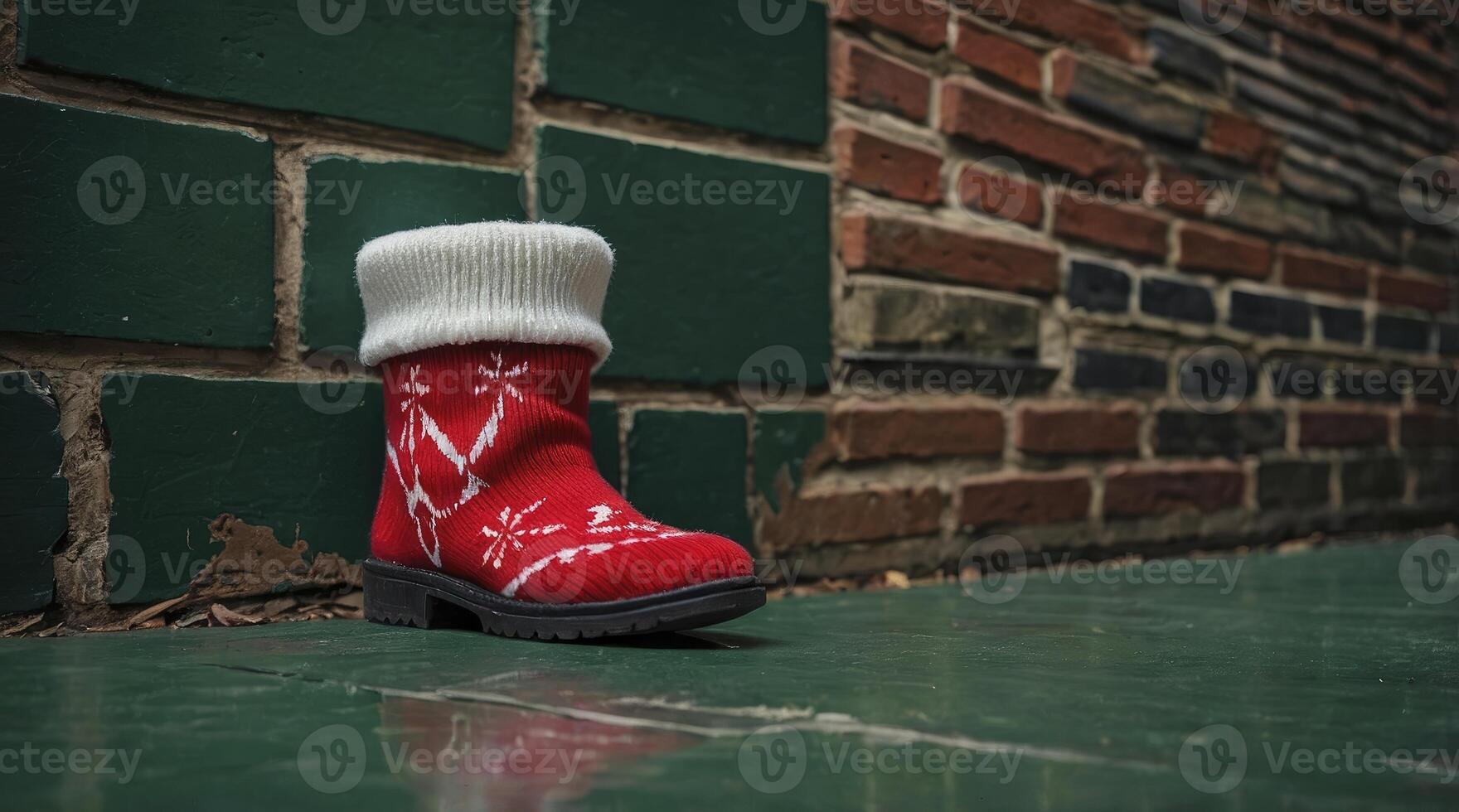 Festive Holiday Boot with Snowflake Design Against Brick Wall Backdrop photo