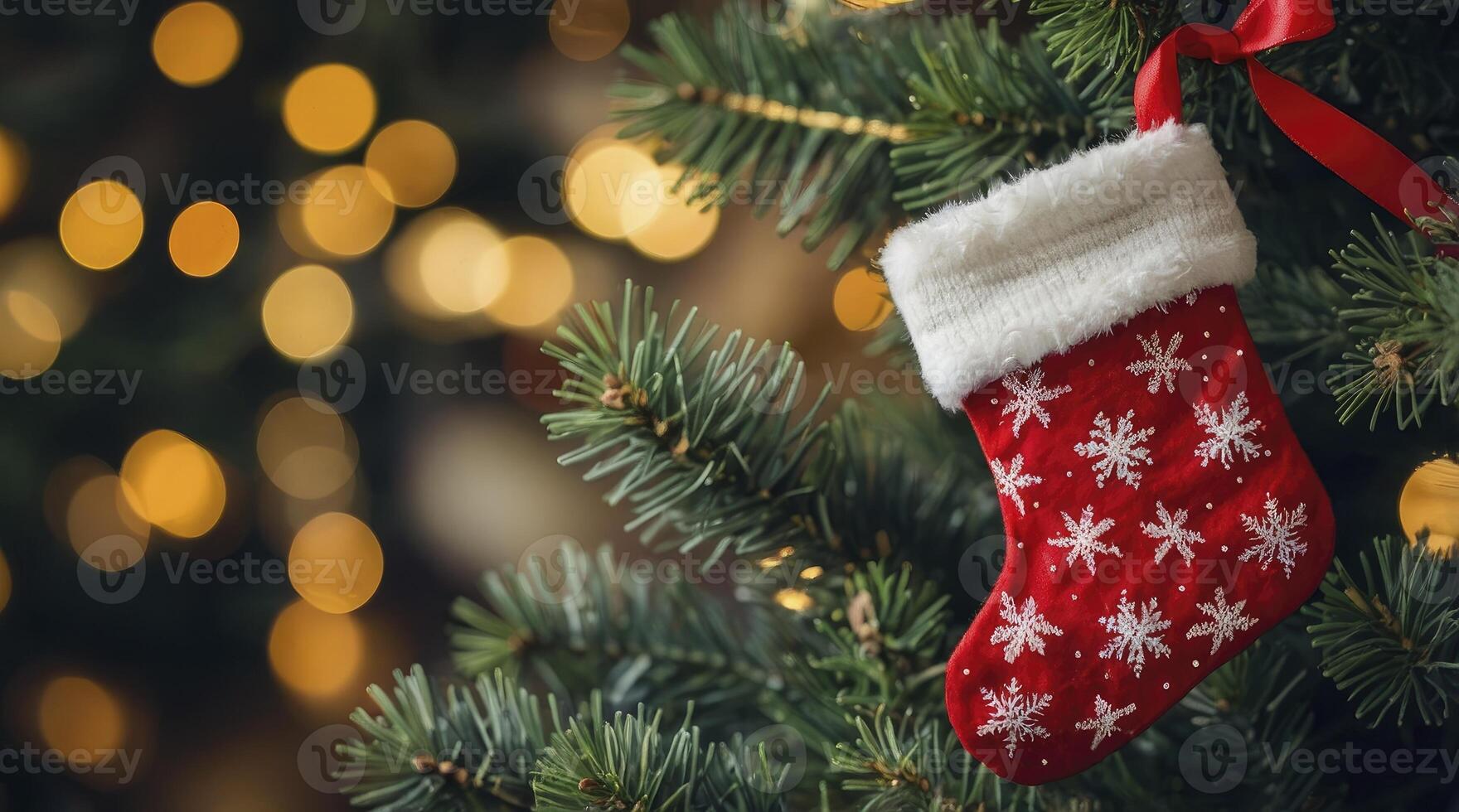 Christmas Stocking Hanging on Christmas Tree with Lights Festive Holiday Mood photo