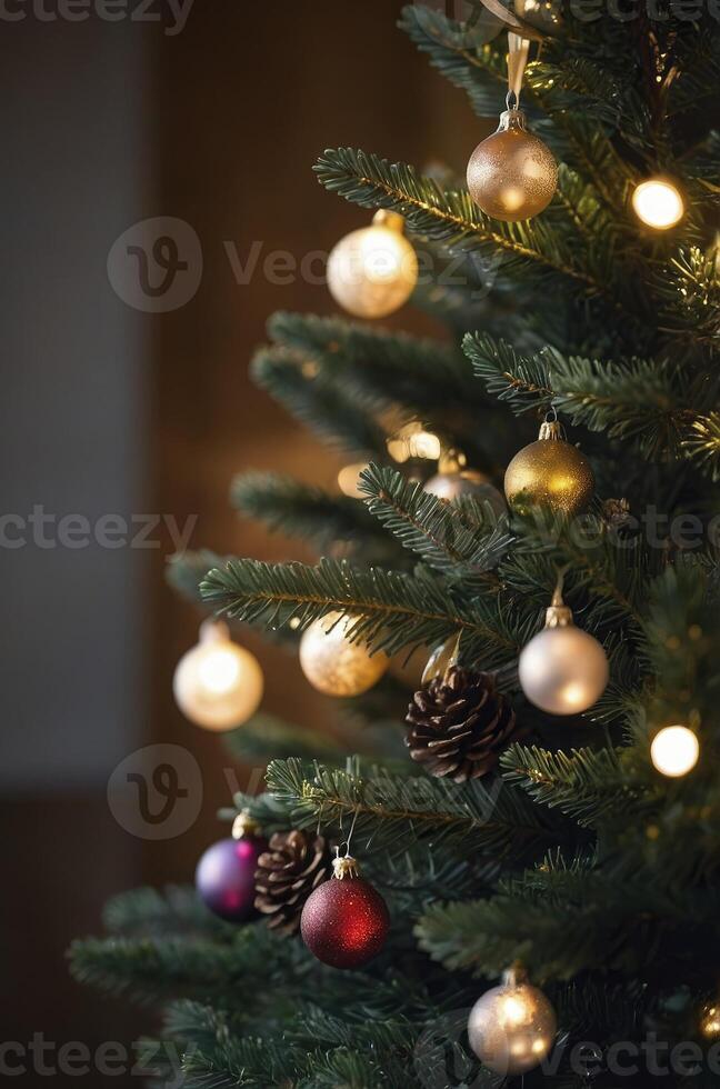 Decorating Christmas Tree with Baubles and Pine Cones in Warm Light photo