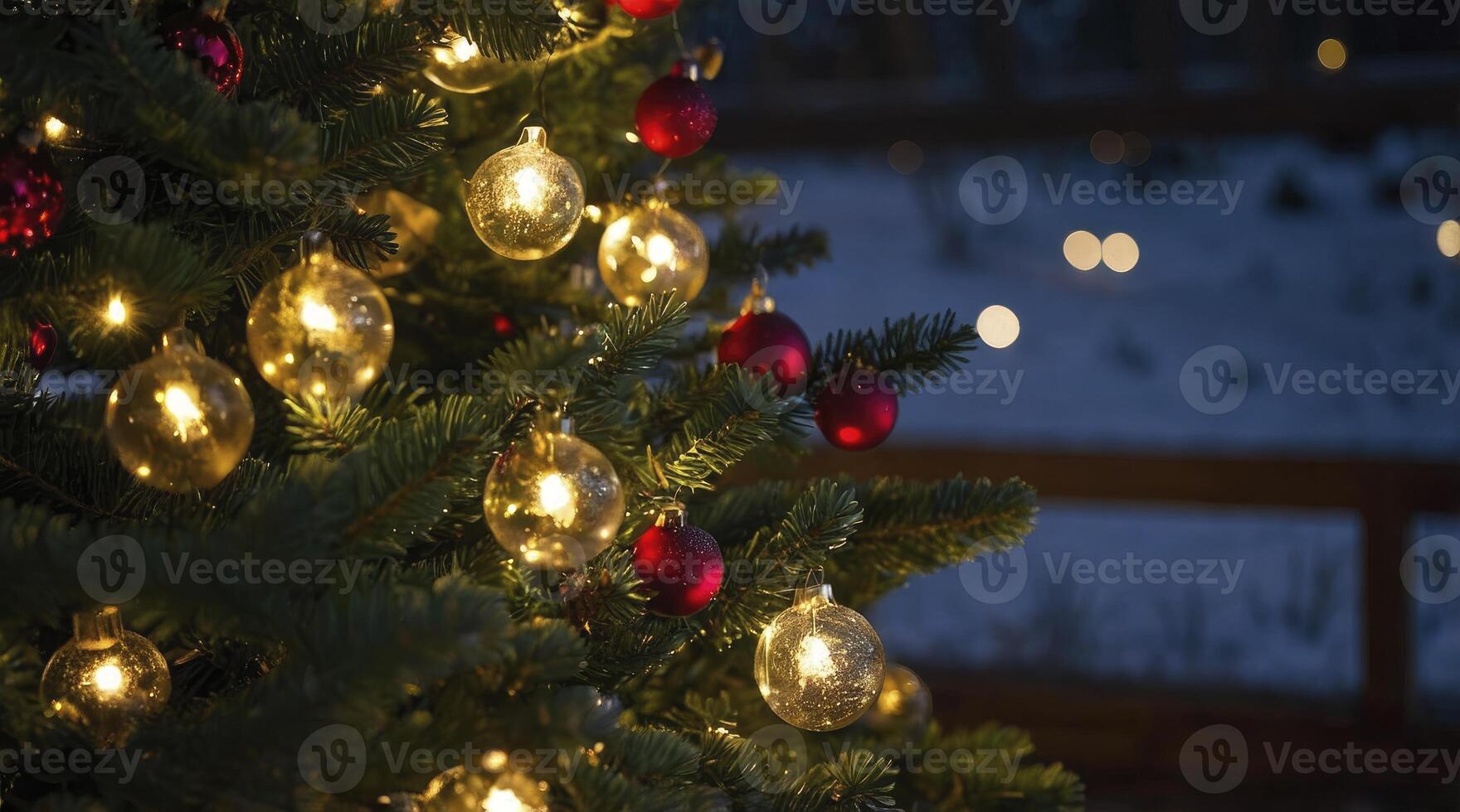 Decorated Christmas Tree with Lights and Ornaments in a Cozy Winter Scene photo