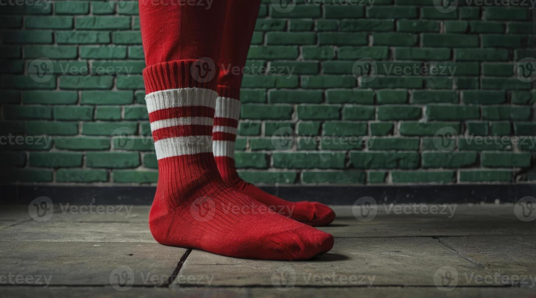 Wearing Red Striped Socks Against a Textured Brick Wall Indoors photo
