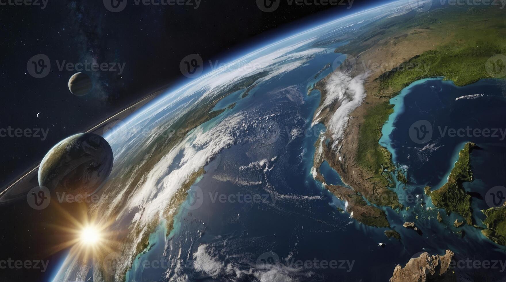 Planet Earth View From Space with Ringed Planet and Sunrise photo