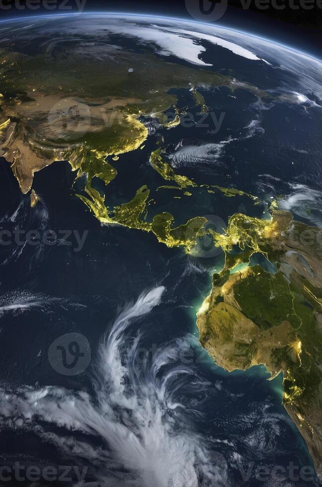 Earth From Space View Showing City Lights and Ocean Currents photo