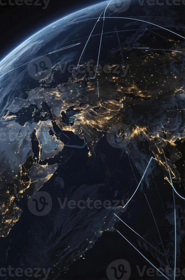 Earth From Space with Global Network Connection and City Lights photo