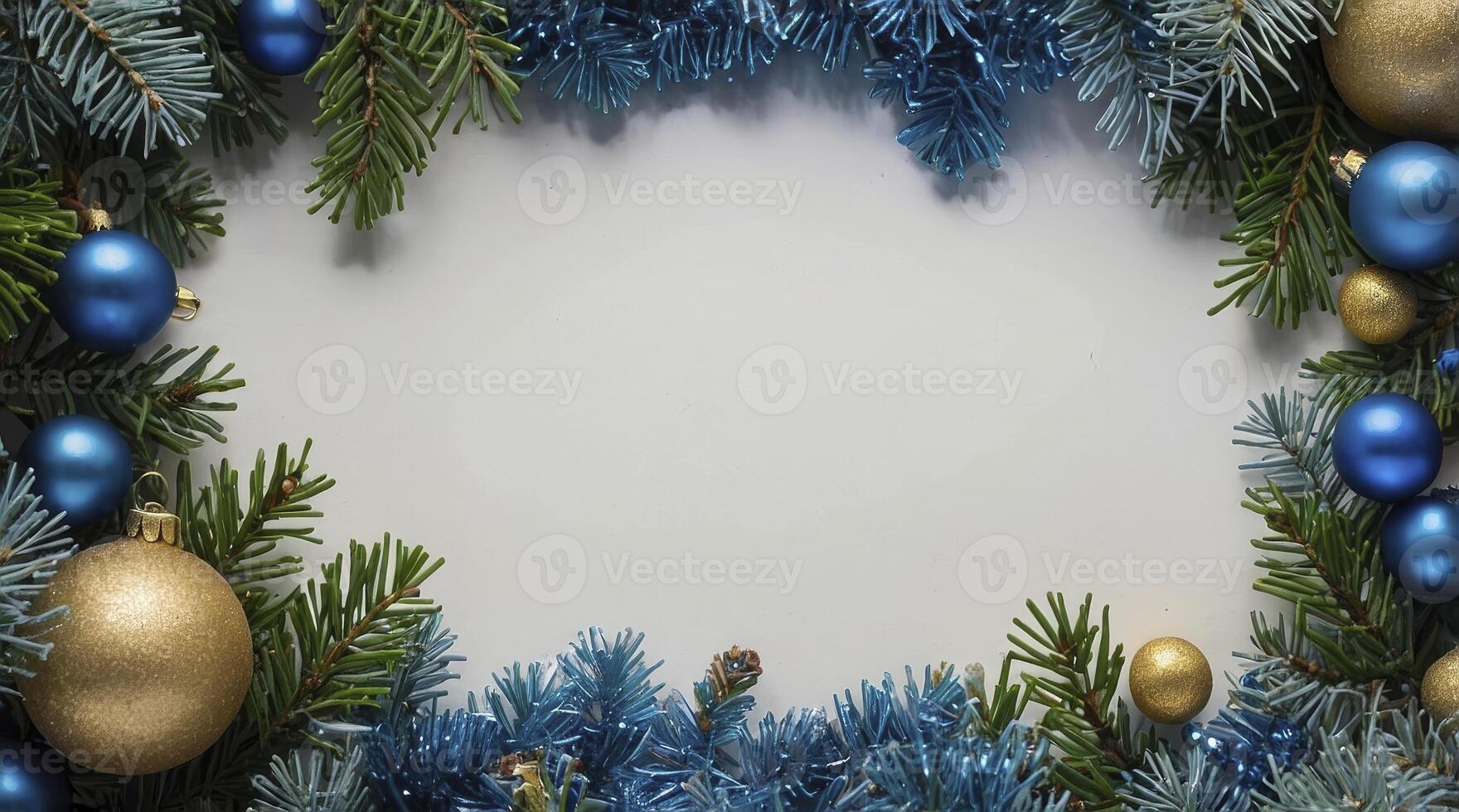 Christmas Frame with Blue and Gold Ornaments on Fir Branches photo