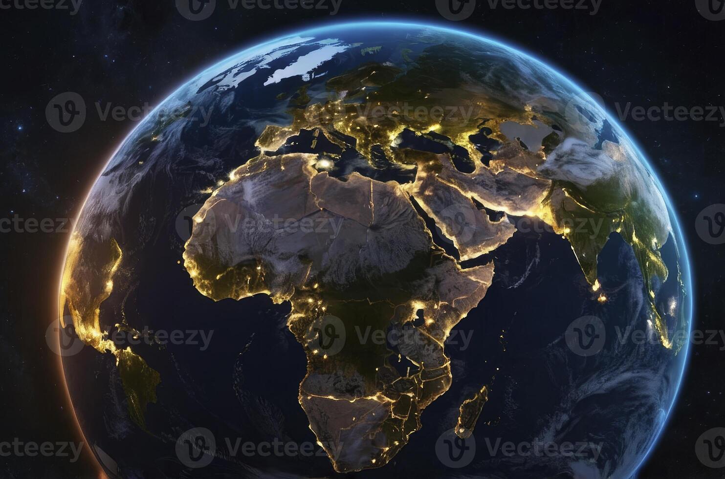 Earth From Space Showing Africa Europe and Asia with City Lights photo