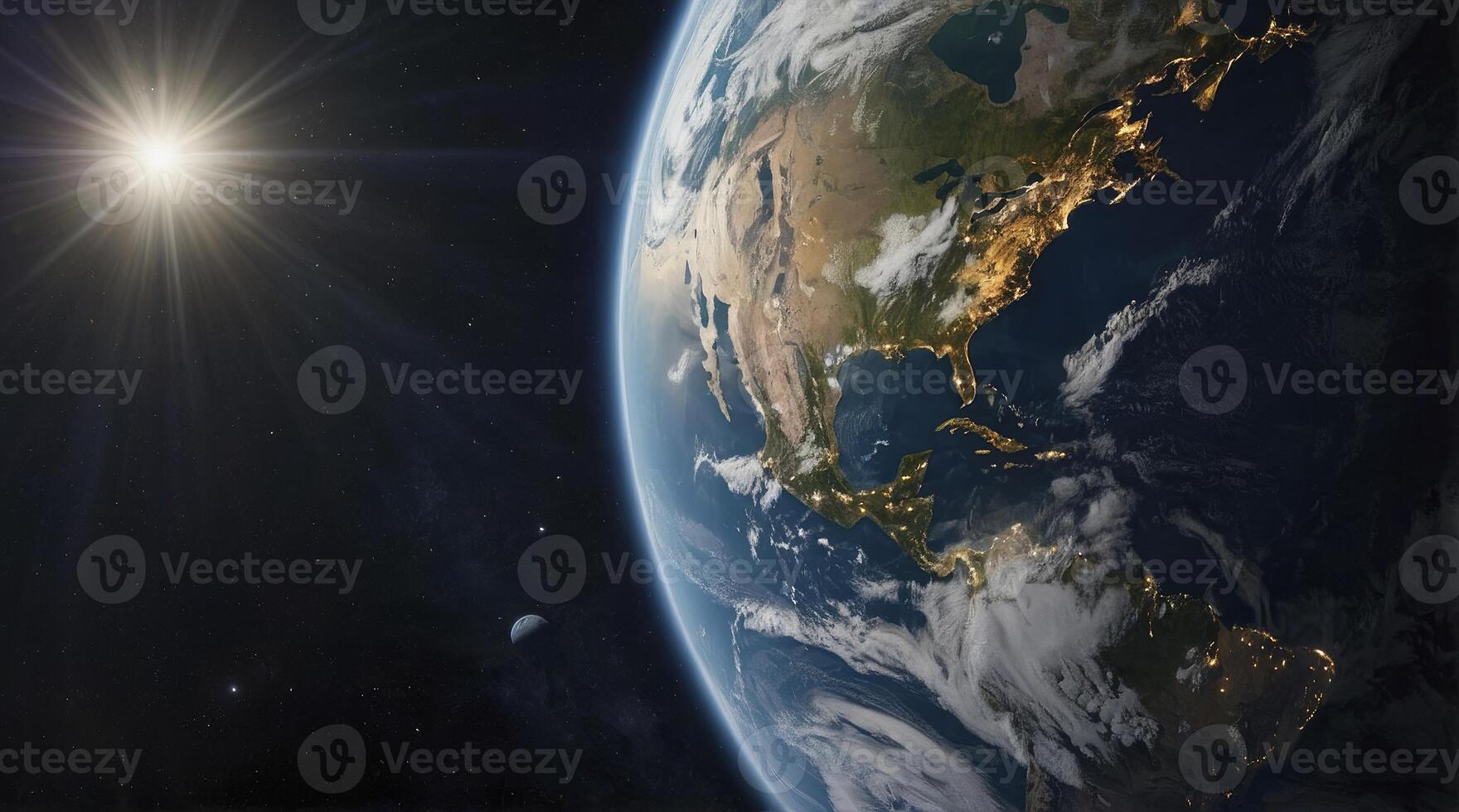 Earth View From Space Featuring North America and Shining Sun photo