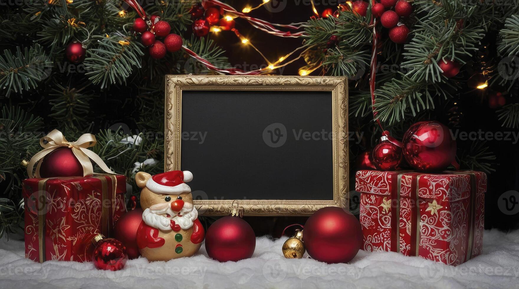 Christmas Scene with Empty Frame Present and Ornament Decorations for Mockup photo