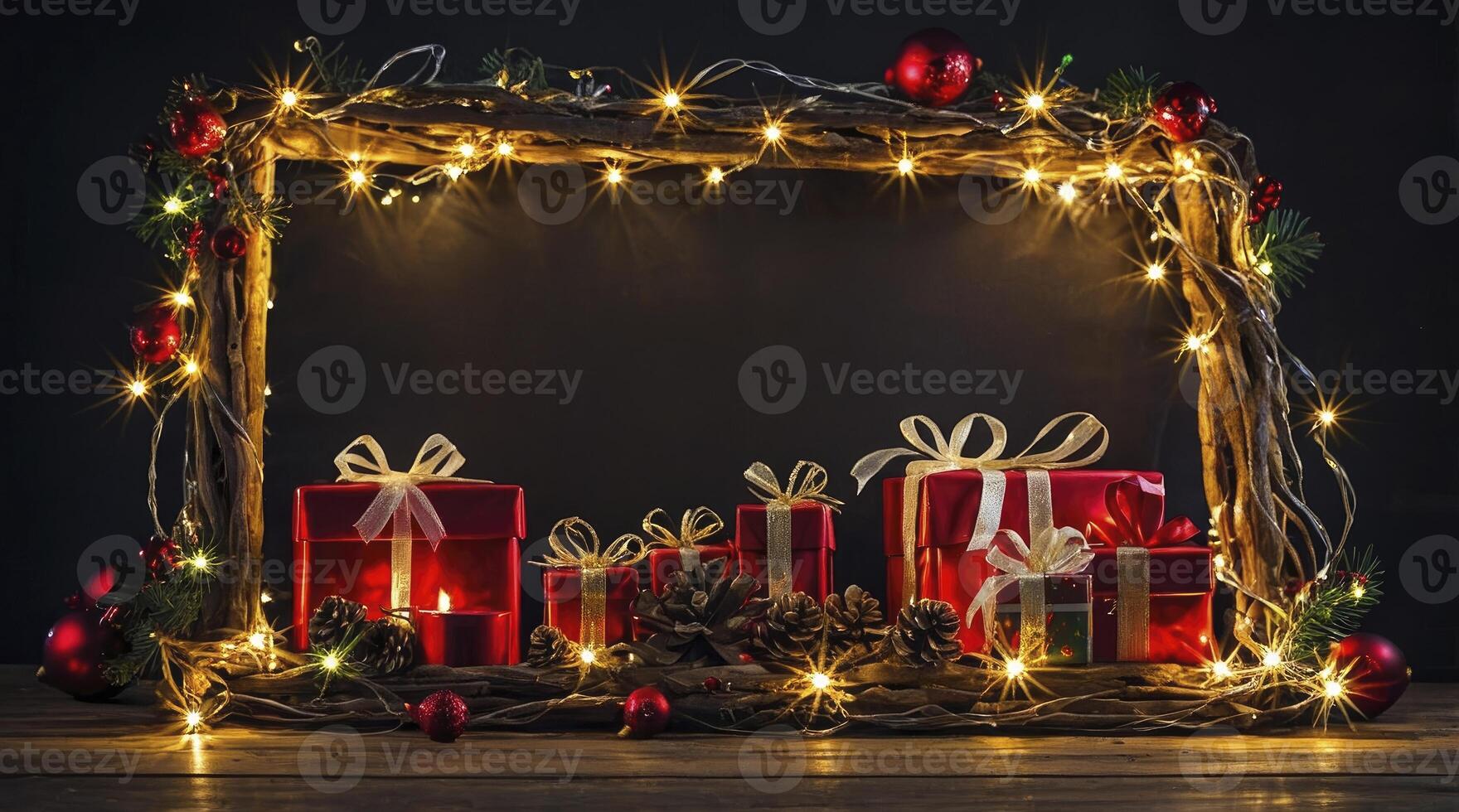 Christmas Presents Displayed in Illuminated Frame with Red Ornaments and Pinecones photo
