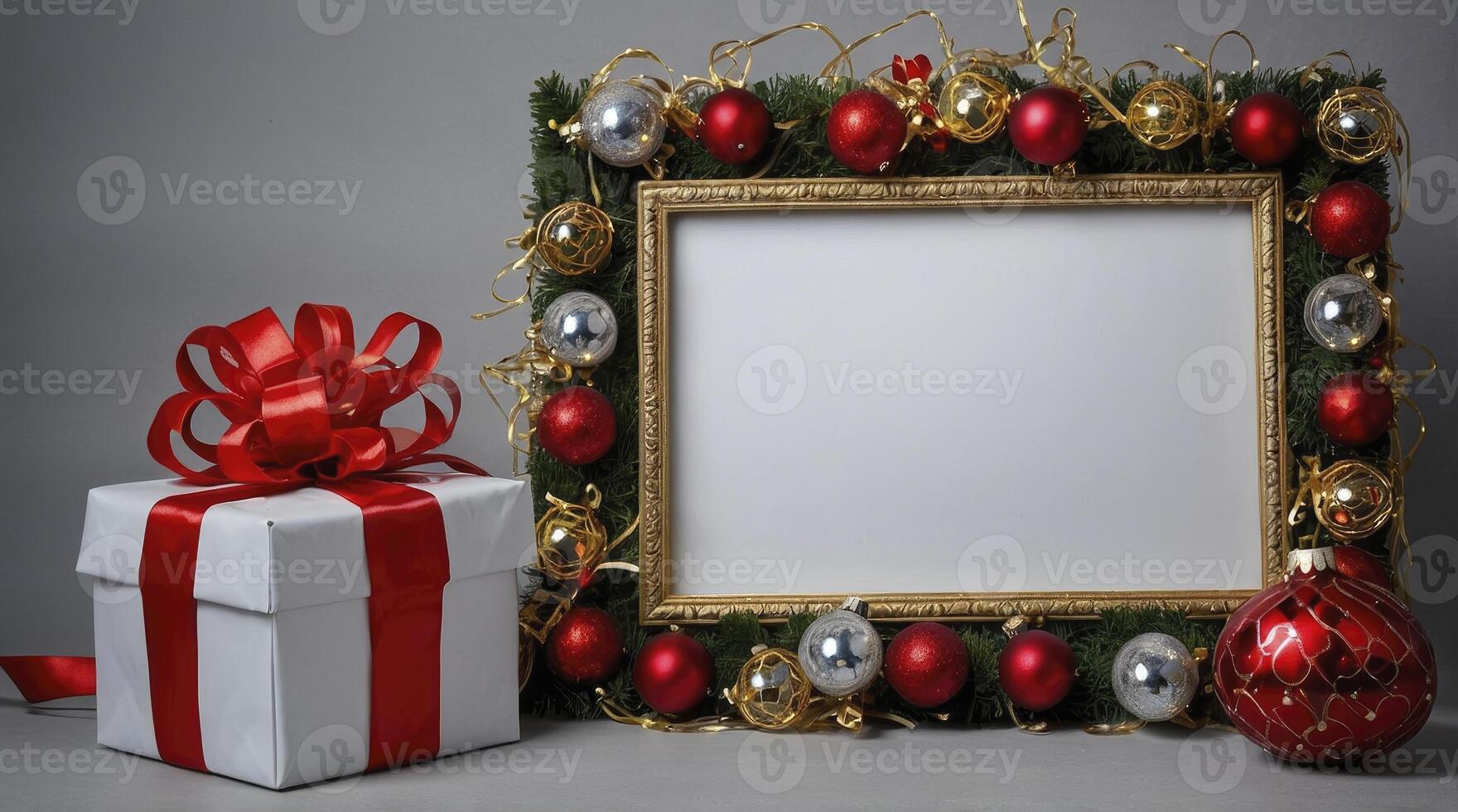 Festive Holiday Frame with Gift Box and Christmas Ornament Decoration photo