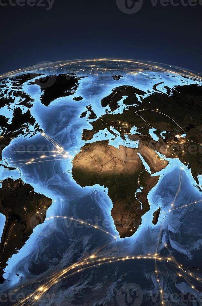 Global Network Connection Around the Earth Visualization with Lights and Data photo