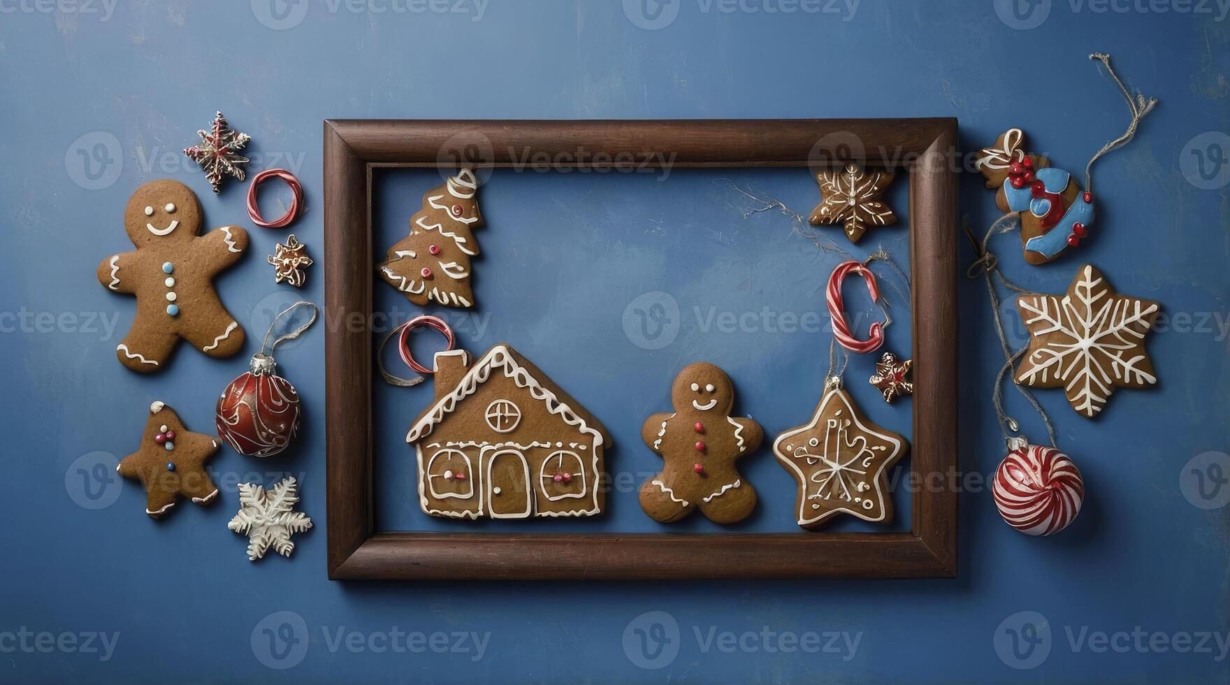 Arrangement of Christmas Gingerbread Cookies Inside Wooden Frame on Blue Background photo