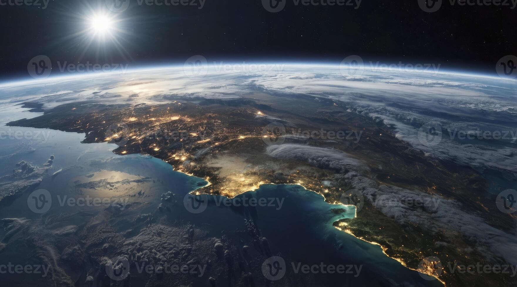 Earth View From Space Showing City Lights and Cloud Formations photo