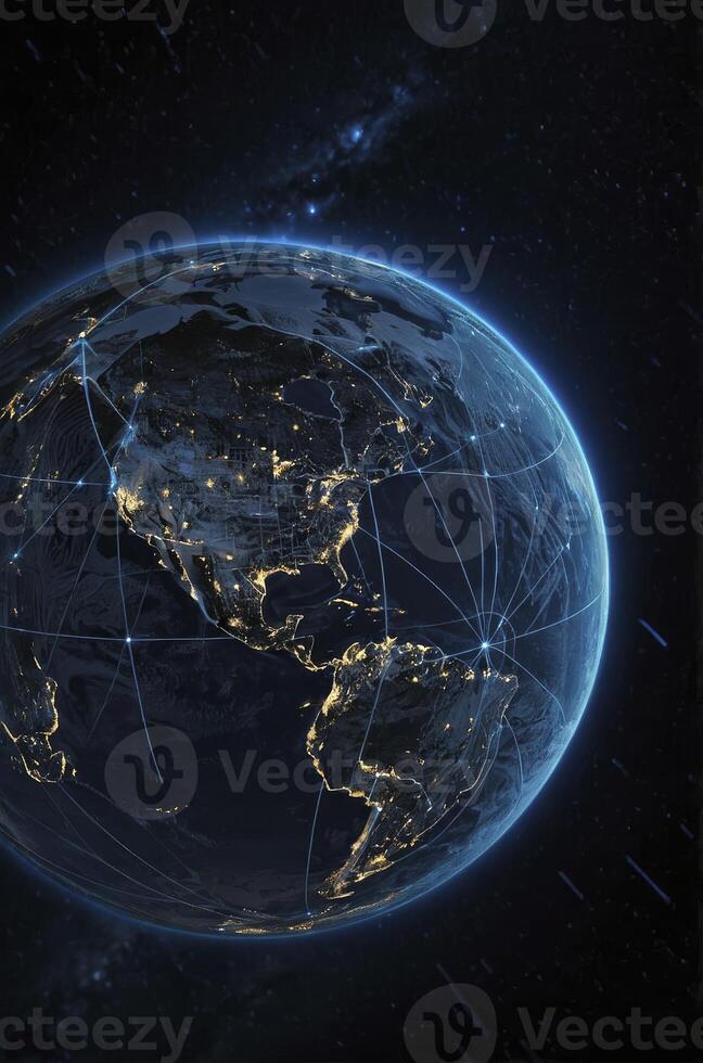 Viewing Earth Globe From Space with Illuminated City Lights and Connections photo