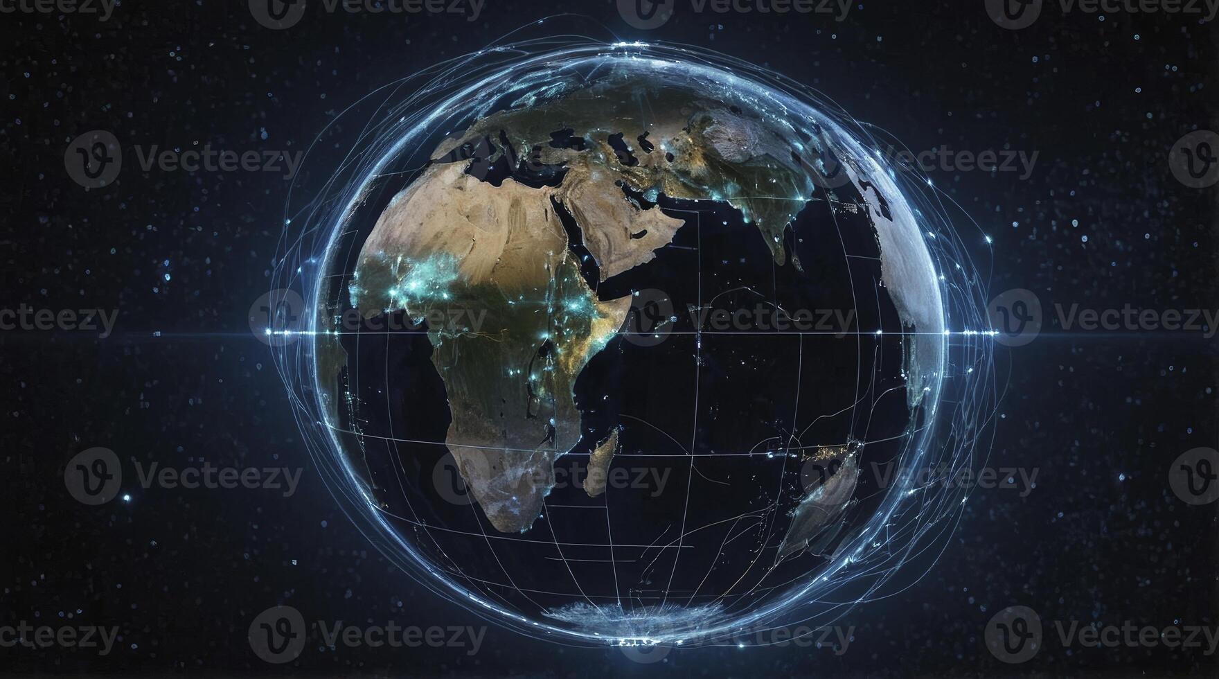 Earth Globe with Digital Network Lines Connecting Continents in Space photo