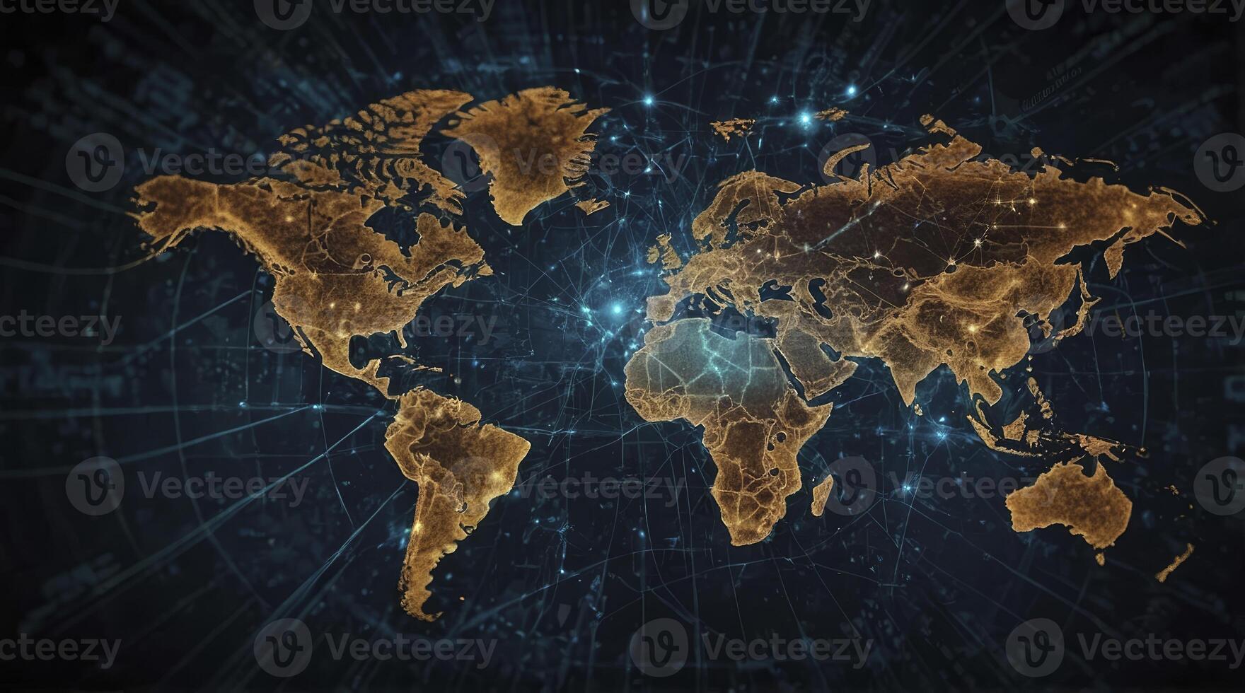 Global Connection World Map with Network Communication Lines and Glowing Dots photo
