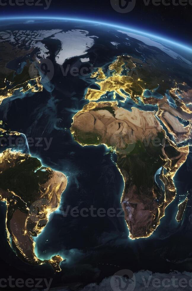 Earth From Space at Night Showing City Lights and Continental Shapes photo