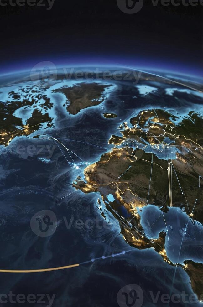 Viewing Earth From Space with City Lights and Communication Lines photo