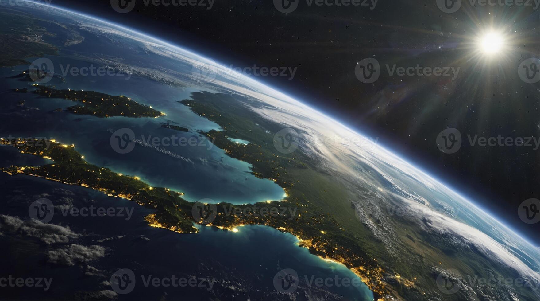 Earth View From Space at Night with City Lights and Sunrise photo