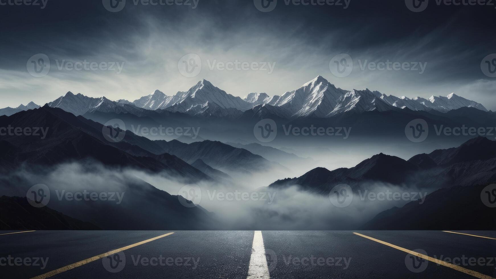 Driving Towards Snowy Mountain Peaks Through Mist on Empty Asphalt Road photo