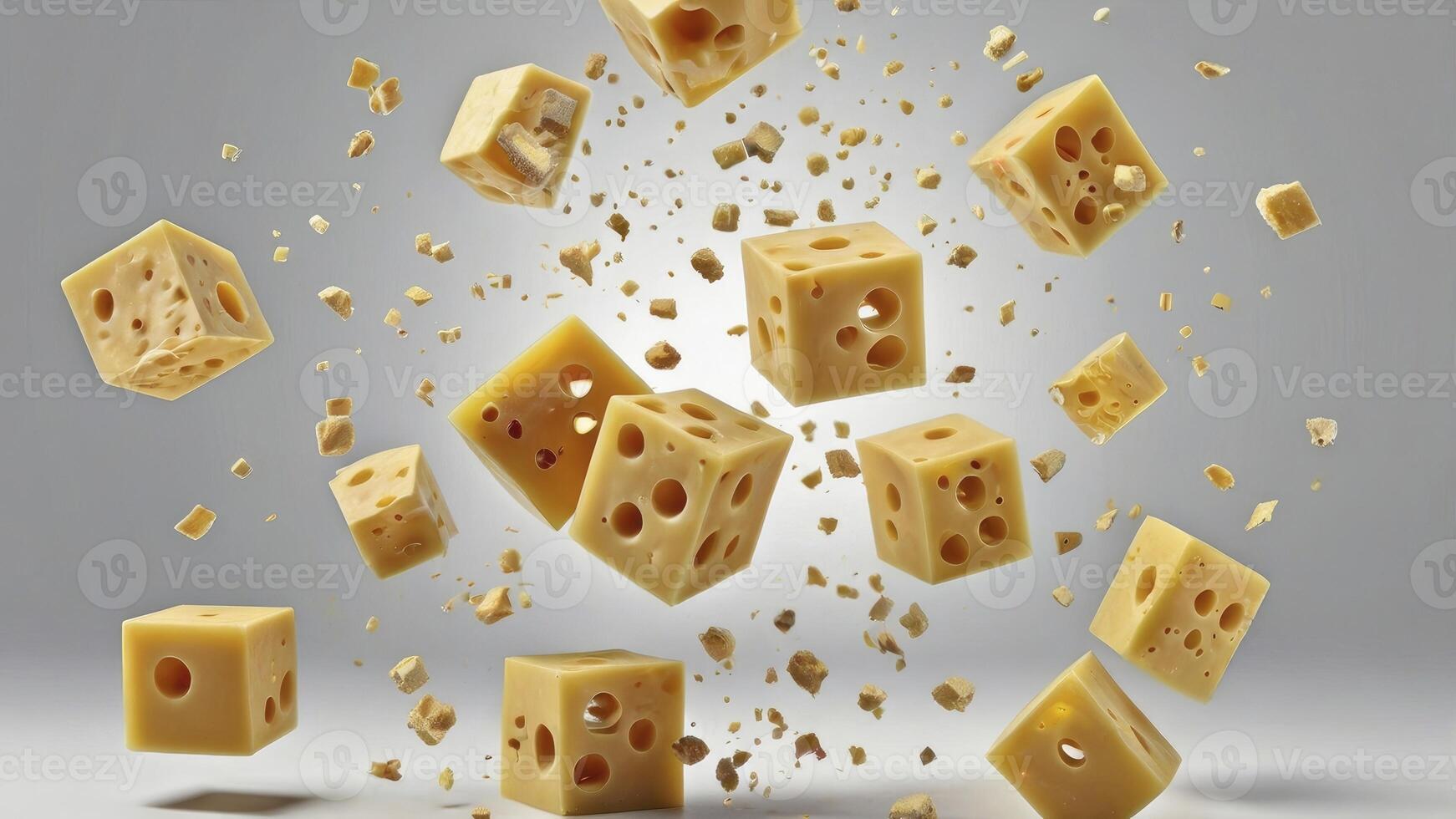 Floating Cheese Cubes with Crumbs on a Gray Background Still Life photo