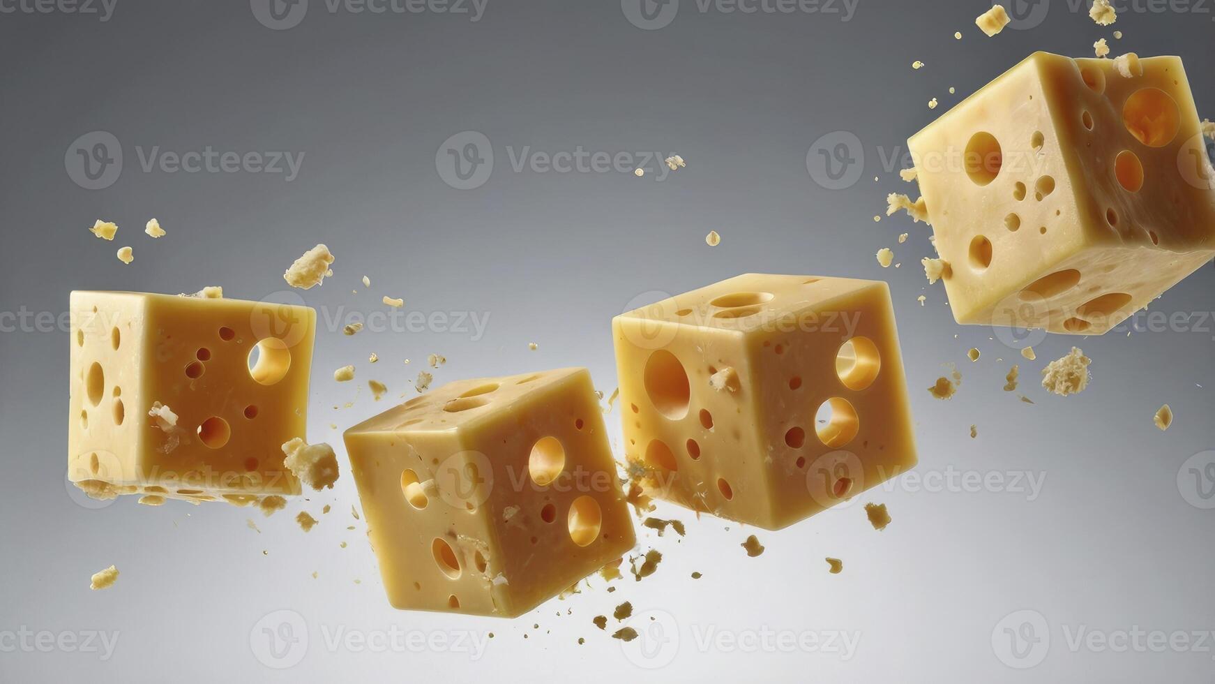 Floating Cheese Cubes with Holes Against Gradient Background Food Concept photo