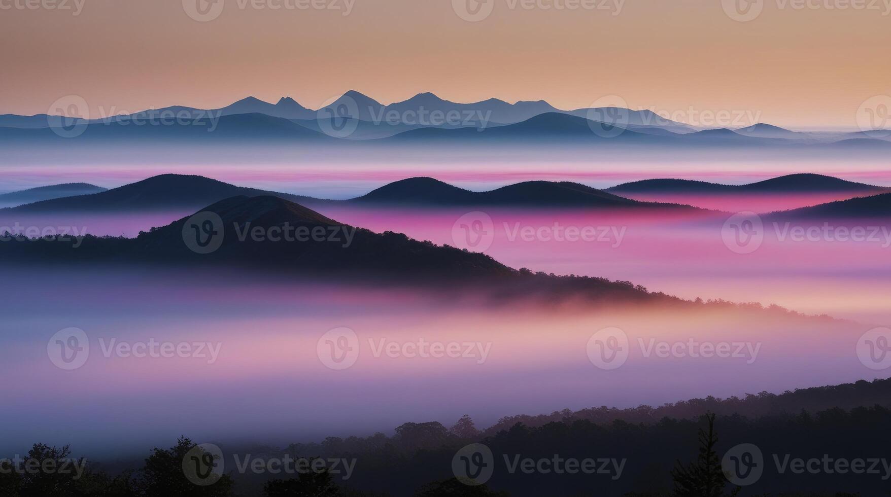 Majestic Mountain Range at Dawn with Fog and Colorful Light photo