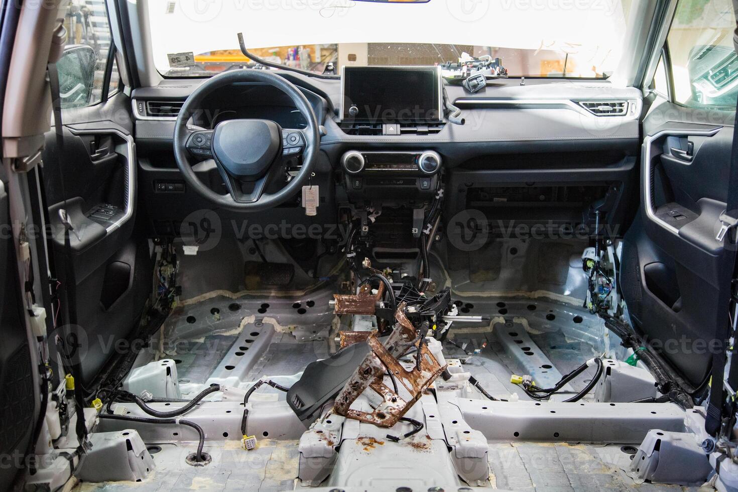 View from the inside of a submerged car with the interior and carpet completely removed, featuring rusty and moldy body parts. photo