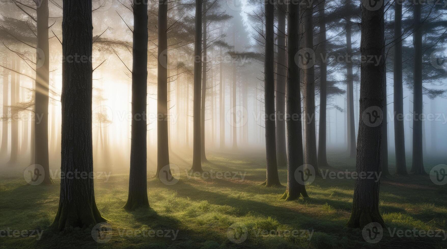Misty Forest Scene with Sun Rays Streaming Through the Trees photo