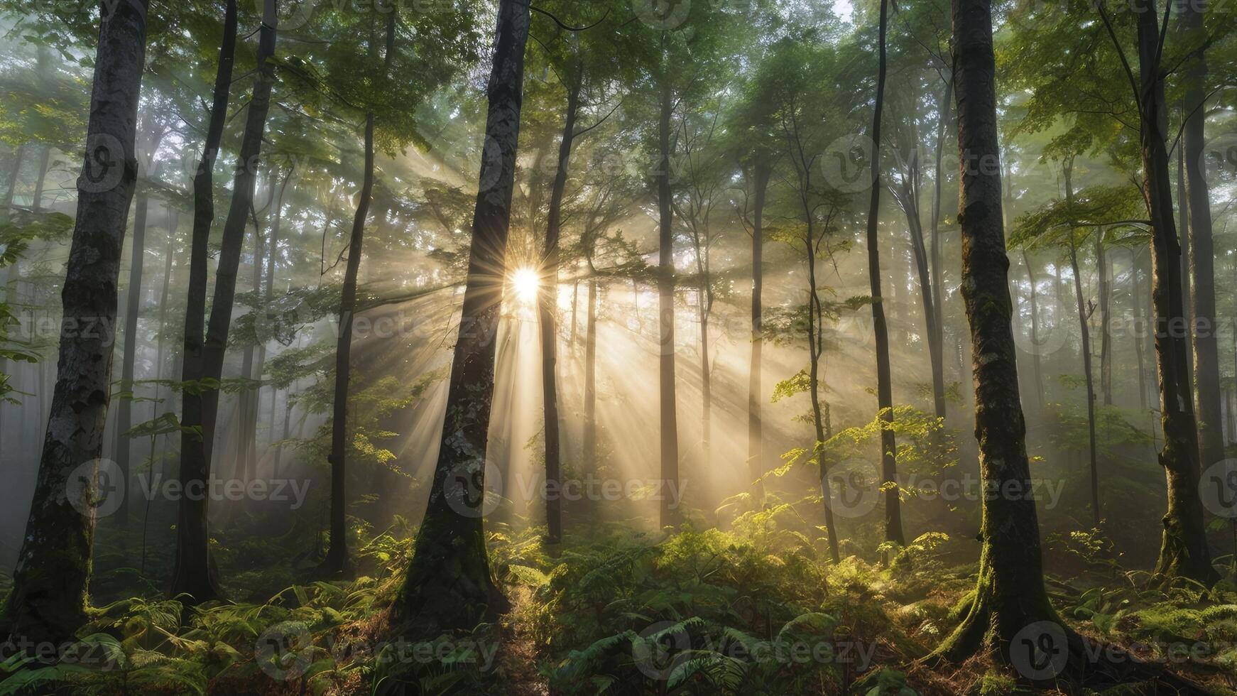 Sun Rays Shining Through Forest Trees with Ferns on Ground photo